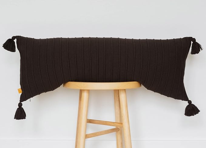 Long Knit Lumbar Pillow Cover – 14x36 Soft Ribbed Cotton with Tassels, Sleek Decorative Accent for Modern, Moody Spaces (Black)