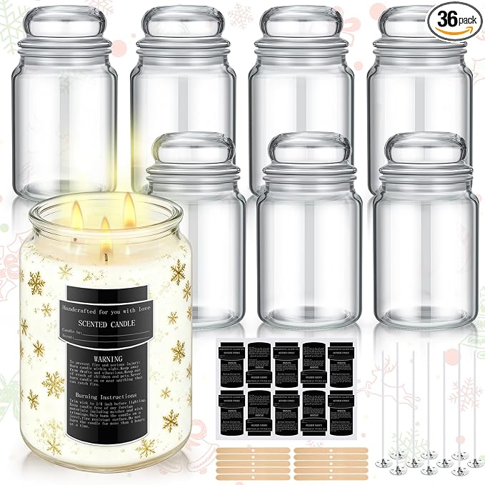 Ziliny 6 Pack 25 oz Glass Candle Jars with Airtight Lids Large Thick Clear Candle Containers with 10 Warning Labels Wooden Wick Holders
