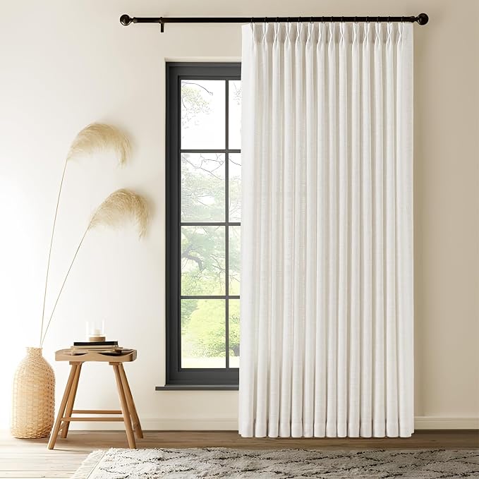 Extra Wide Pinch Pleated Linen Curtains for Living Room Sliding Glass Door, Beige White Light Filtering Curtain 84 Inches Long Textured Thick Pleat Semi-Sheer Drapes with Hooks 70 Inch Width, 1 Pane