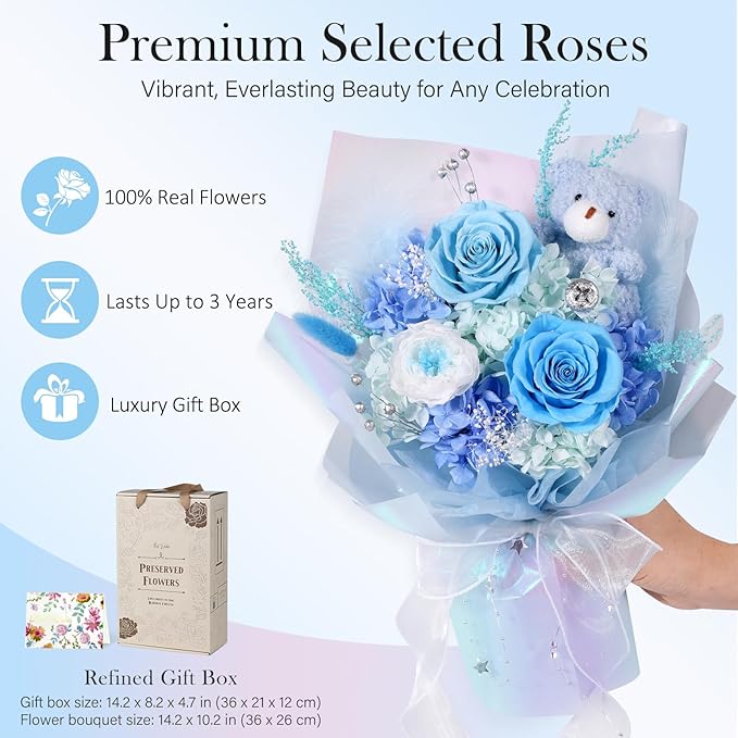 Preserved Flowers Bouquet with Bear, Real Forever Flowers for Delivery, Long-Lasting Blue Eteranl Roses Bouquet, Mothers Day Gifts for Mom Grandma Wife, Anniversary Birthday Gifts for Women Girlfriend