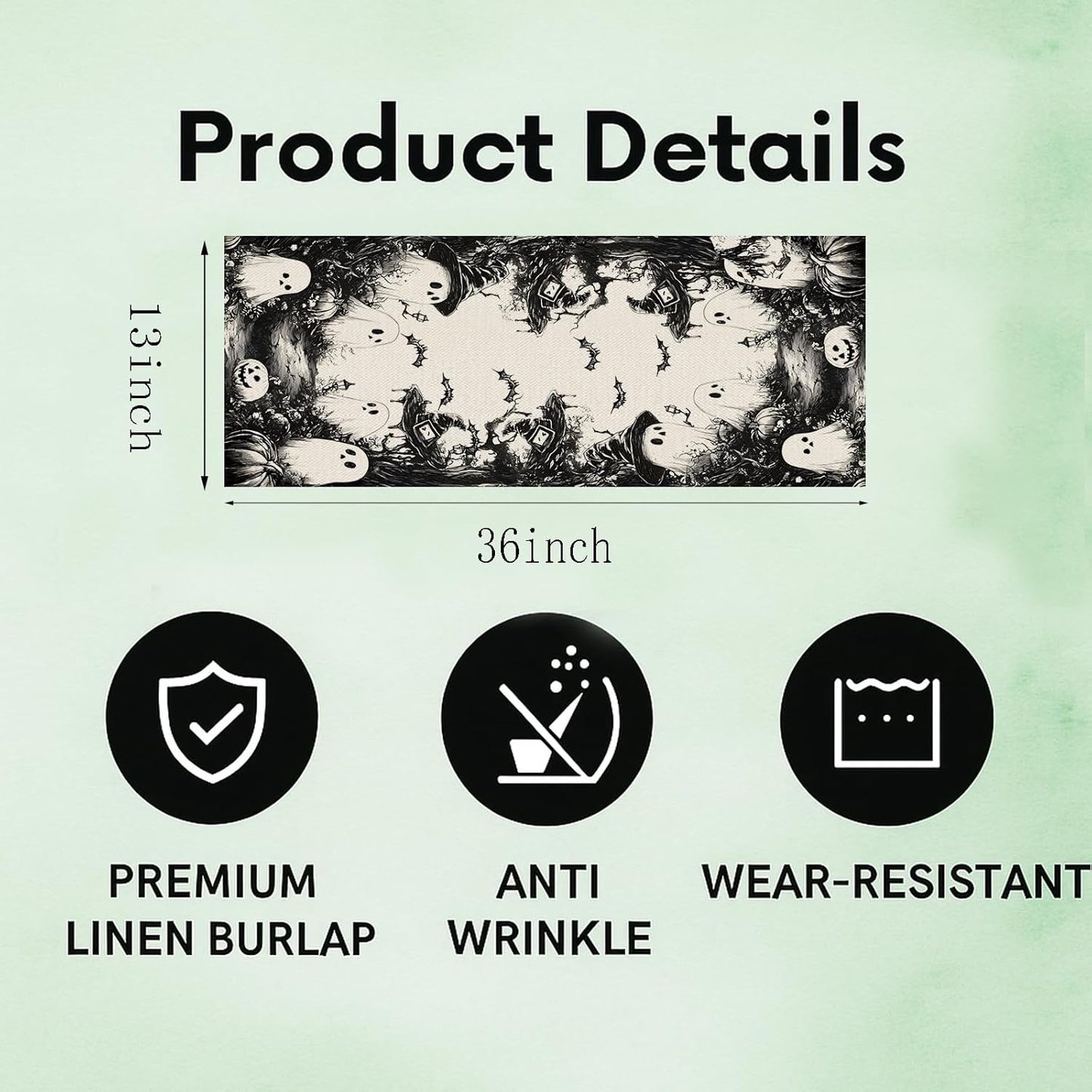 GPGHE Halloween Table Runner Black Ghost Holiday Burlap Table Decoration Indoor Outdoor Home Decor Party Supply 13 x 36 Inch