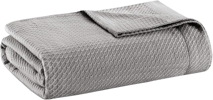 Madison Park 100% Egyptian Cotton Lightweight Summer Blanket, Breathable Waffle Knit Design, Soft Cozy All-Season Throw for Bed, Couch or Sofa, Grey Full/Queen Size (90"x90")