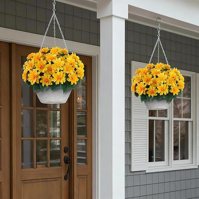 VIERENA 16 Bundles Artificial Dahlia Flowers for Outdoors Spring Summer Decor, No Fade Silk Flower Faux Dahlias Plant Arrangement for Home Garden Balcony Farmhouse（Yellow）