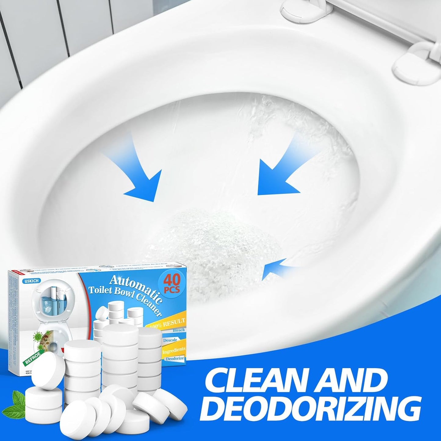 USKICH Toilet Bowl Cleaner 40 PACK, Household Automatic Toilet Bowl Cleaners with Bleach, Bathroom Toilet Tank Cleaners Tablets with Sustained-Release Technology for Deodorizing & Descaling