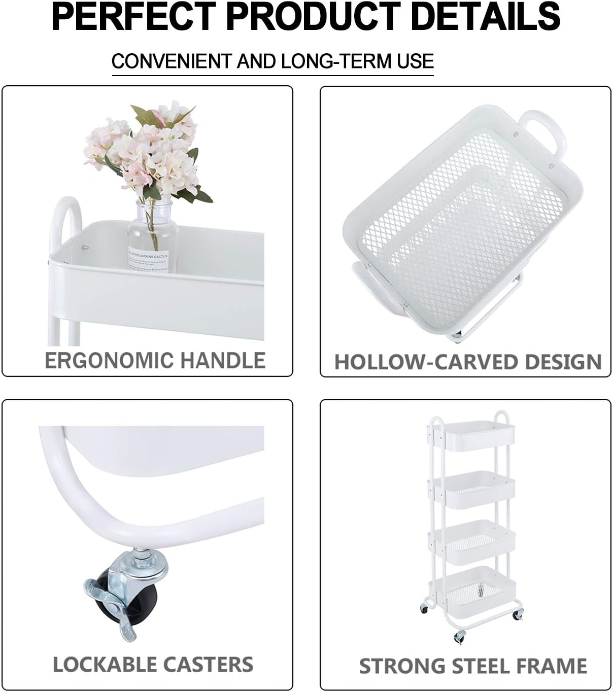 Melody House 4-Tier Metal Mesh Utility Rolling Cart Storage Organizer Shelf Rack with Lockable Wheels for Living Room Kitchen Office, White