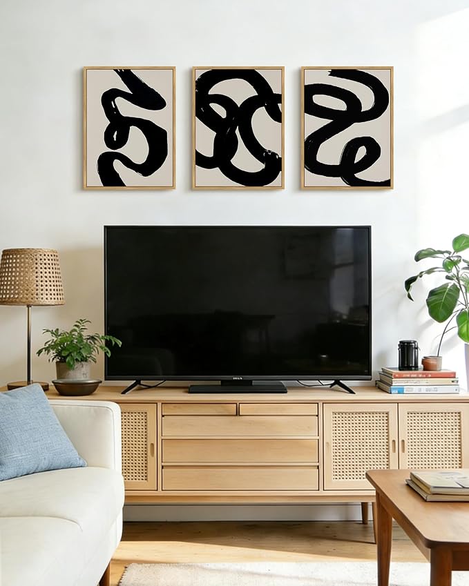 PHOPAGO Black Abstract Modern Framed Wall Art Ink Wash Minimalist Thick Black Lines Paints Artwork Bedroom Living Room Home Decor - 12x16in Natural Framed