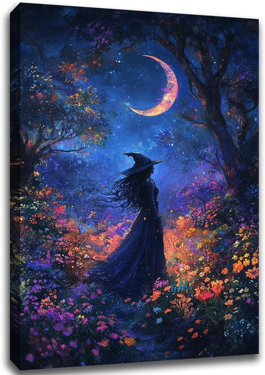 Vintage Halloween Witch Decor Mystic Gothic Wall Art Poster,Enchanting Witch Fall Whimsical Wildflowers Woodland Forest Crescent Moon Picture Art,Creepy Witchy Home Decor,16"x24" Framed