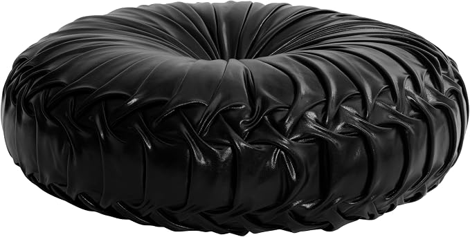 HIG Set of 2 Handcrafted Black Ruched Round Throw Pillows – 14.5’’ Metallic Leather Decorative Pillows with Soft Polyester Filling for Couch, Bed, Living Room, Bedroom, or Dorm