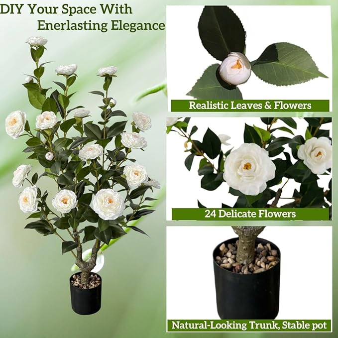 2pcs Artificial Camellia Tree 38 inch, Faux Plants Outdoor Artificial Flowers, White Tree with Planter Pot & 24 Flowers, for Home Indoor or Outdoor Decor