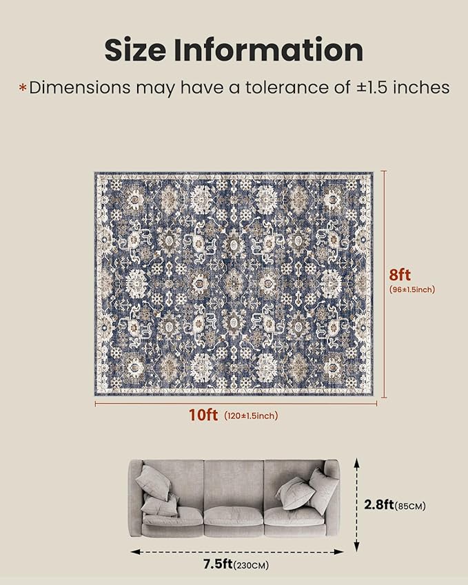 AMADA HOMEFURNISHING 8x10 Washable Area Rug, Low-Profile Large Area Rug with Non-Slip Backing & Durable Edge Binding, Vintage Large Rugs for Living Room, Bedroom, Dinning Room