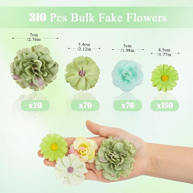 ATTGREAT 310 Pcs Fake Flower Heads Mini Artificial Flower Bulk Silk Flowers for Decoration Small Faux Flower Heads Fabric Daisy Buds Floral for Crafts DIY Wedding Party Baby Shower Home Decor, Green