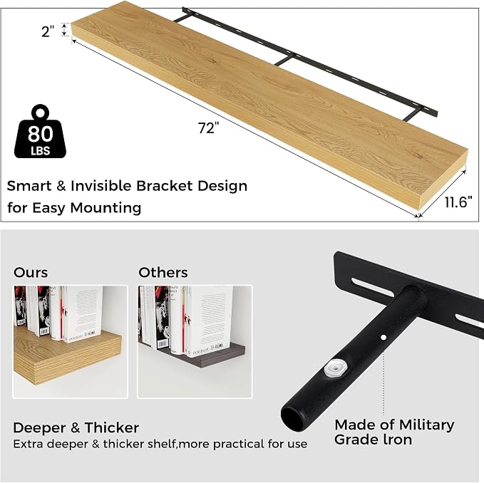 72" Wide x 12" Deep Floating Shelves for Wall, Oak Finish, 1-Pack | Engineered Wood Wall Shelves with Invisible Brackets for Living Room, Bedroom, Bathroom, Office & Kitchen Storage