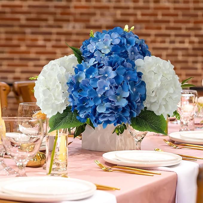 JINWOE Royal Blue Fake Hydrangea Artificial Flowers, 5Pcs 20Inch Large Lifelike Silk Artificial Hydrangeas, Full Fake Flowers for Bouquet Table Centerpieces Wedding Indoor Home