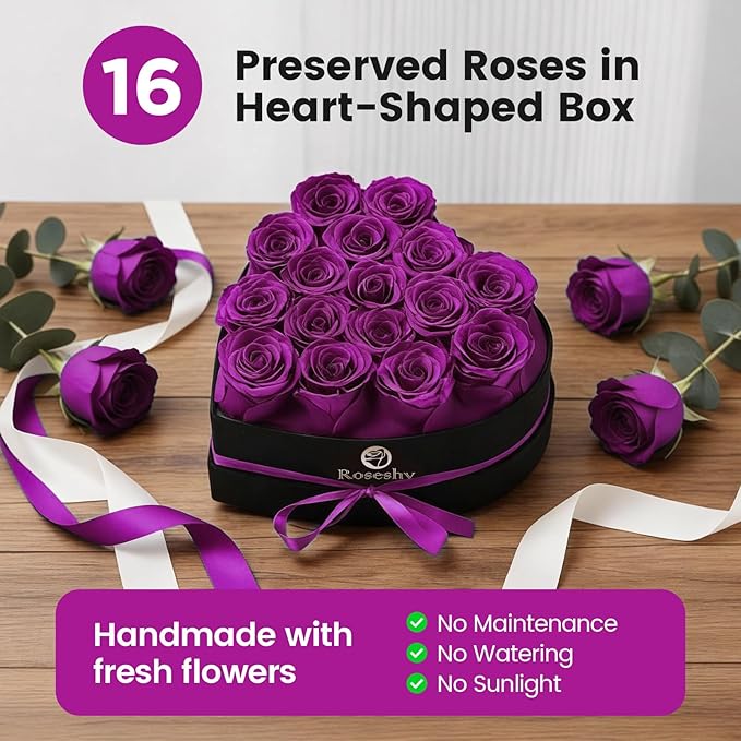 Valentines Day Flowers Roses Gifts for Her,16pcs Purple Forever Preserved Roses in Heart Shape Gift Box,Valentines Day Delivery Prime Gifts-Roses Gifts for Women,Mom.