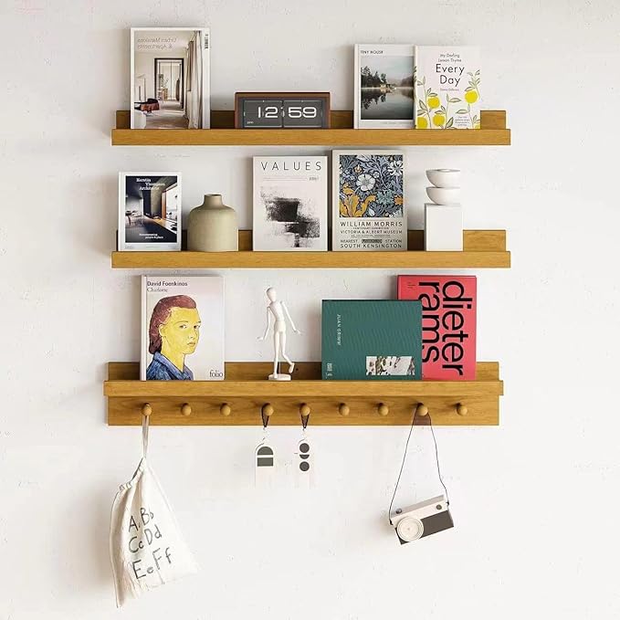 MBYD Solid Wood Light Walnut Floating Nursery Shelves for Living Room, 36 Inch Wall Shelf with Hooks & Wooden Pegs, Picture Ledge to Organize Kitchen Decor, Declutter Small Items & Hang Accessories
