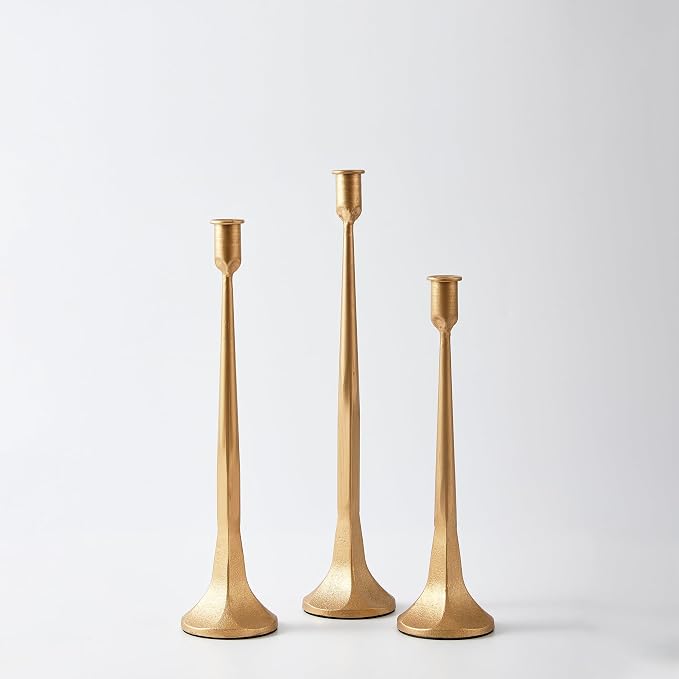 Denique Iron Taper Candle Holder Set of 3, Gold Candlestick Holders Decorative Candle Stand, Tapered Candle Holders Tall Set for Wedding, Dining Table, Home Decoration (Gold)