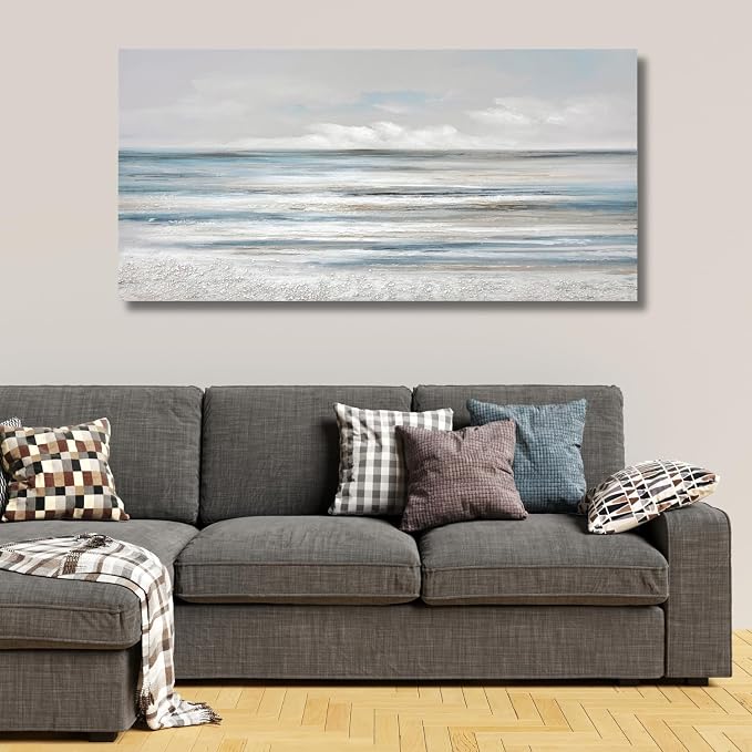 TRAIN2 ART Abstract Wall Art Modern Coastal Wall Decor Textured Blue and White Sea Background Canvas Wall Art for Living Room Bedroom Kitchen Office 24"x48"