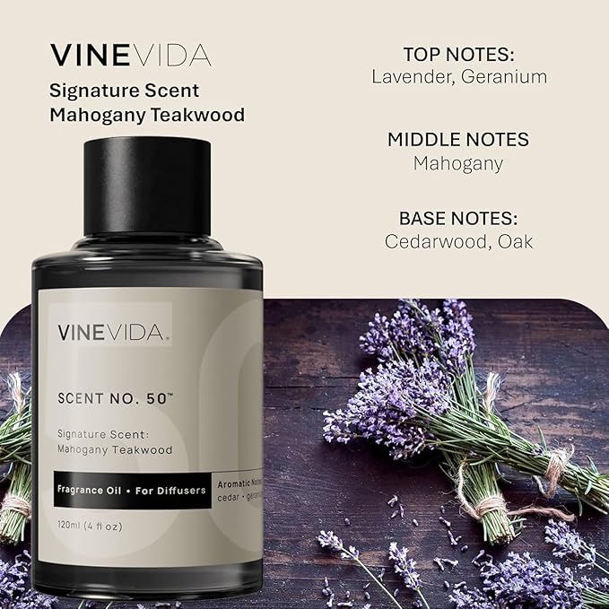 VINEVIDA Mahogany Teakwood Fragrance Oil for Cold Air Diffusers - 4 Fl Oz - Essential Oils for Diffuser Oil Refill & Air Freshener Room Spray (Pack of 2)