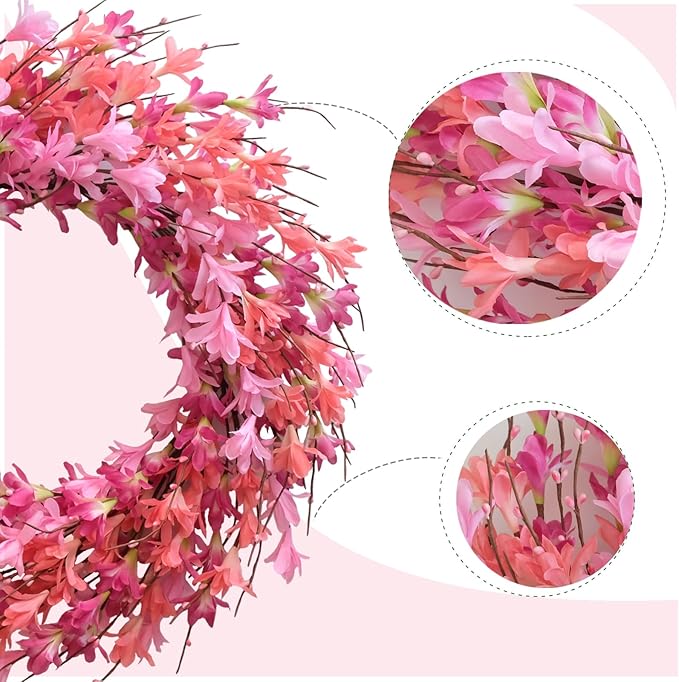 Bibelot 22inch Artificial Forsythia Flower Wreath Spring Summer Fall Wreath Silk Leaves for Front Door Decoration Porch Farmhouse Patio Garden Home Decor (Pink)
