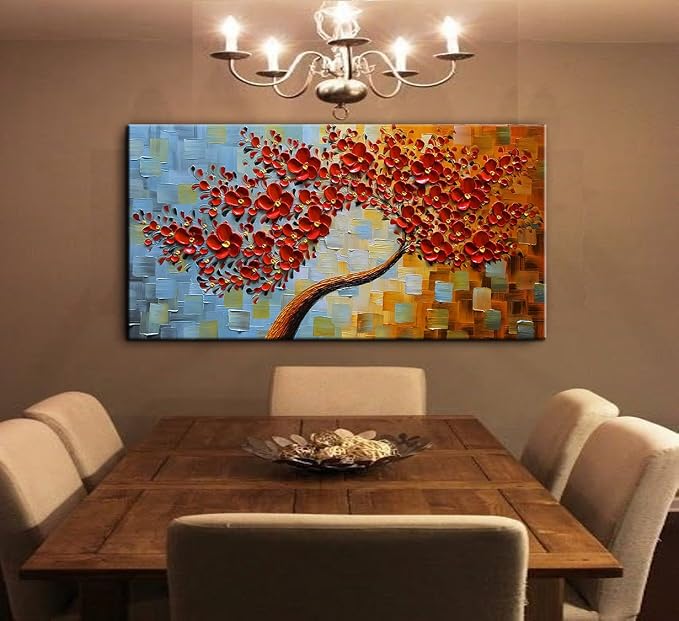 YaSheng Art -handpainted Modern Wall Art ,3D Texture Flowers Artwork Oil Painting, Abstract Canvas Wall Art Red Tree Paintings, Modern Home Wall Art for living room Bedroom Dining Room Office Wall Decor 24x48inch