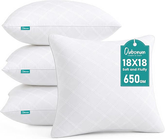 Oubonun 18 x 18 Inches Pack of 4 Throw Pillows Inserts, White Square Cushion Inner Soft Fluffy Plump Stuffer Pillows Inserts for Sofa Bed Couch