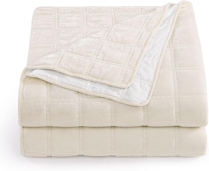 HiEnd Accent Stella Faux Silk Velvet Double Box Stitch 3 Piece Quilt Set, Full Queen Size, Stone Solid Color, Classic Chic Modern Rustic Elegant Bedding Set, Lightweight Bed Set