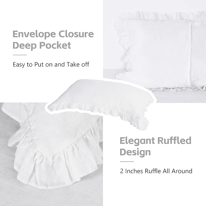 Linen Ruffled Pillow Cases, 100% French Natural Linen Pillowcase Set of 2, Decorative Boho Pillow Cases Ruffle Bedding King Size (20''x40''), White