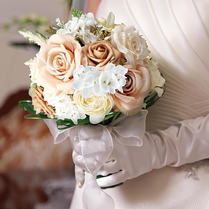 Artificial Flowers Combo Box, 31PCS Fake Flowers, Silk Flower Mix with Wire Stem, DIY Wedding Bridal Bouquet for Arrangement, Shower Party Home Décor, Champagne & Ivory Mix