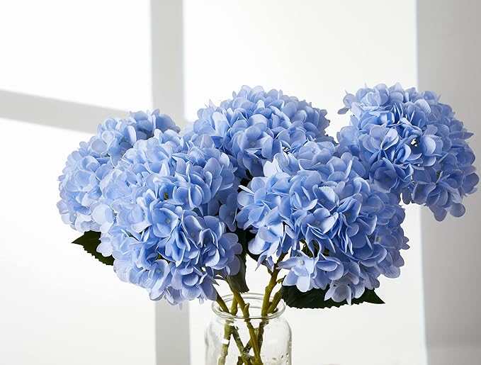 PARTY JOY 5PCS 15.4In Artificial Hydrangea Silk Flowers Bouquet Faux Hydrangea Stems for Wedding Centerpieces Home Decor (Light Blue)