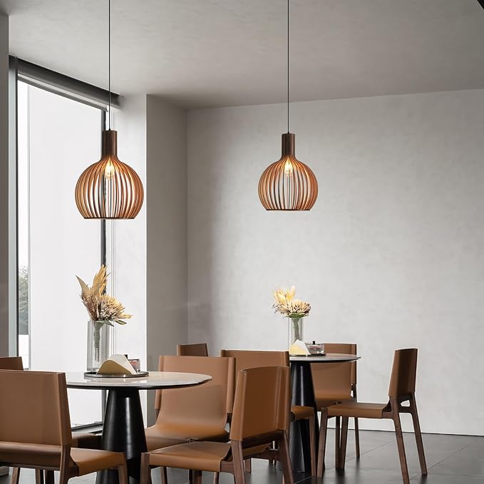 Wood Pendant Light, E26 Base Hanging Lamp Indoor, Natural Wooden Hand Made Chandelier, Boho Height Adjustable Dining Table Hanging Lamp for Hotel Bar Café Kitchen Island Hallway Entryway