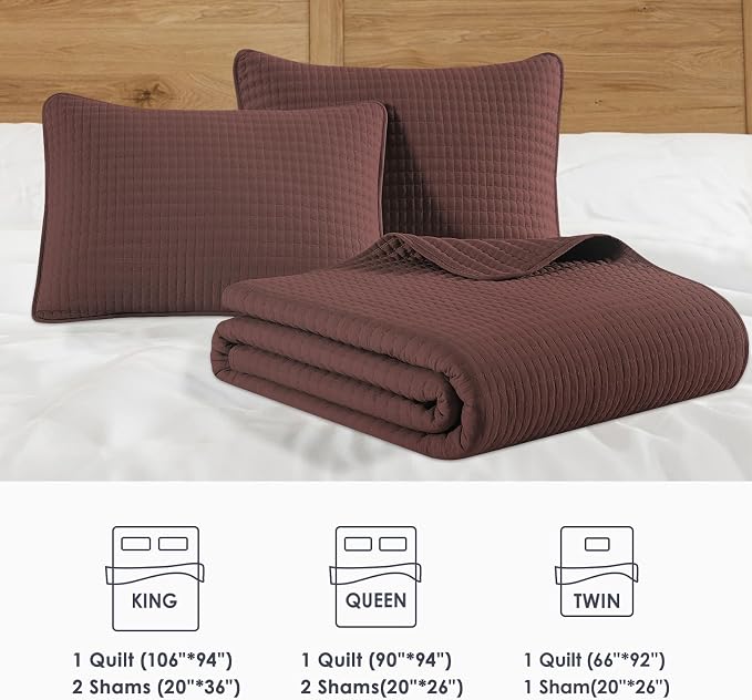 WRENSONGE Queen Quilt-3 Pieces Lightweight Burgundy Red Bedspreads Queen Size Quilt Bedding Set for All Seasons, Soft Summer Coverlet with 2 Pillow Shams Suitable for Bed & Couch