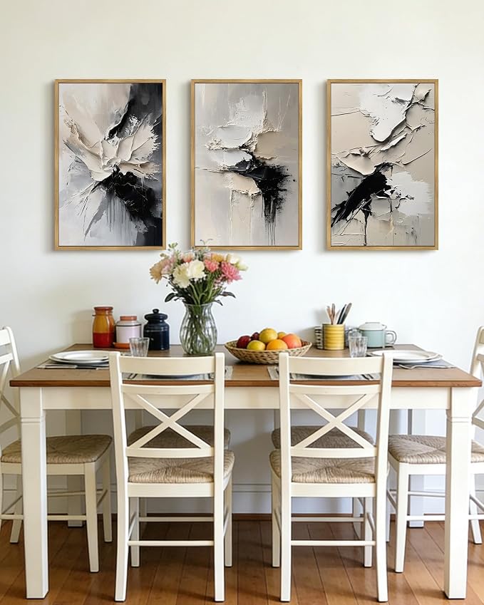PHOPAGO Black Abstract Framed Wall Art Large 16x24in Minimalist Neutral Color Block Pastel Wall Decor Modern Brush Stroke Illustration Paints Home Decor - Natural Framed