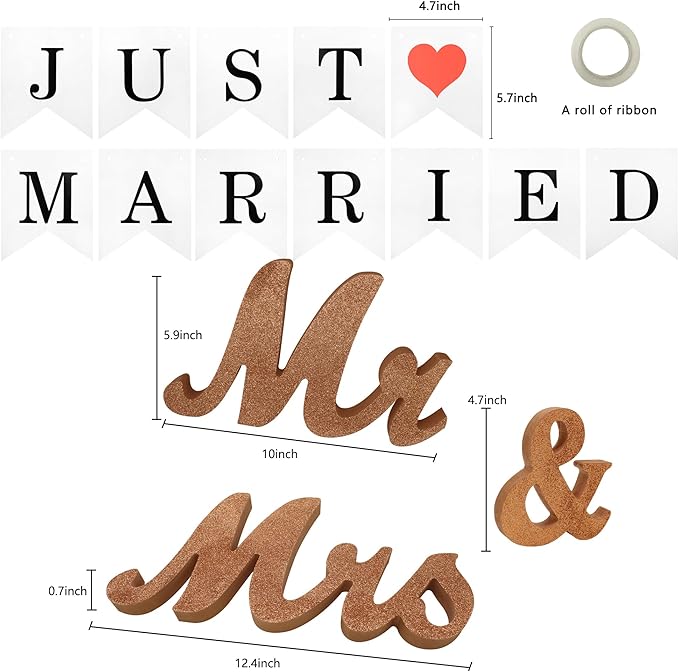 Just Married Banner for Wedding Table - Mr. & Mrs. Wedding Decoration Items, Rose Gold Wood Letter, Anniversary Party Valentine's Day Vintage Decor