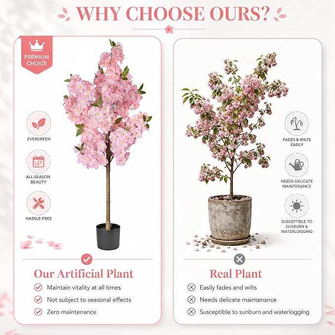 Set of 2 Artificial Cherry Blossom Trees 4FT, Faux Pink Sakura Blossom Flower Tree with Secure Heat-Fused Petals & Base, Realistic Potted Fake Plants for Home Office Wedding Indoor Decor