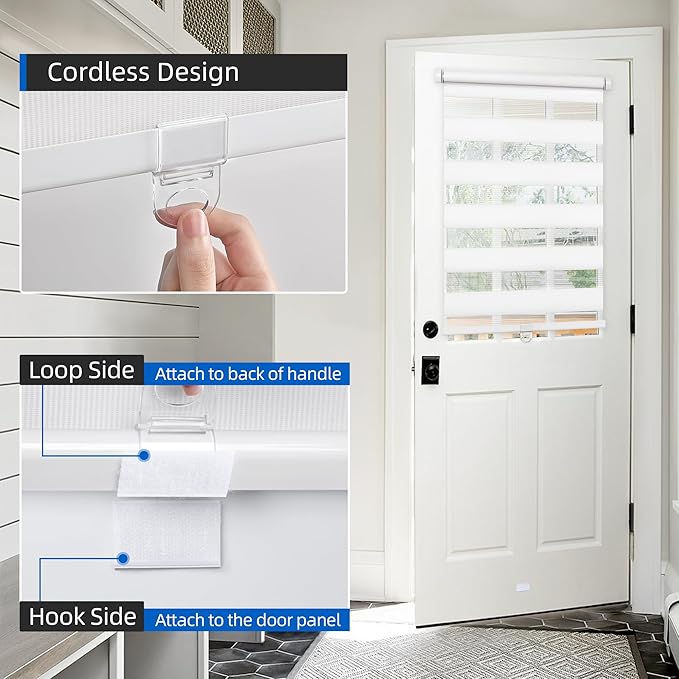 LazBlinds Cordless French Door Blinds, No Drill Roll Up Zebra Blinds for Doors, Light Control Day and Night Sheer Shades for Front Door Patio Sidelight Glass Door, 27.8'' W x 78'' L, White