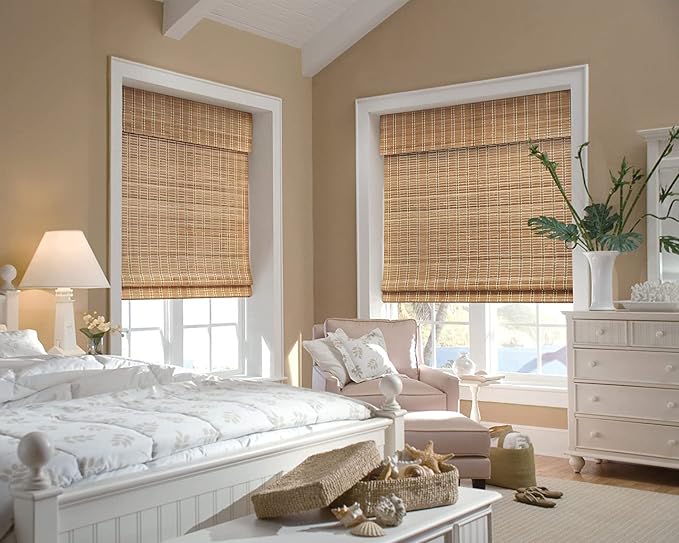 LazBlinds No Tools No Drill Cordless Bamboo Roman Shades, Light Filtering Window Treatment, Roll Up Bamboo Blinds for Windows 22'' W x 64'' H, Brown
