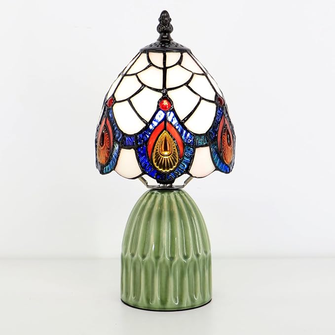 Tiffany Stained Glass Mushroom Table Lamp 12.5 Inch -Pink Peacock | Tiffany Lamp,6X6X12.5 Inch,Small Night Light,Ceramic Base, Mini Accent Light Suitable,Bedside,Bedroom, Children Room,Antique