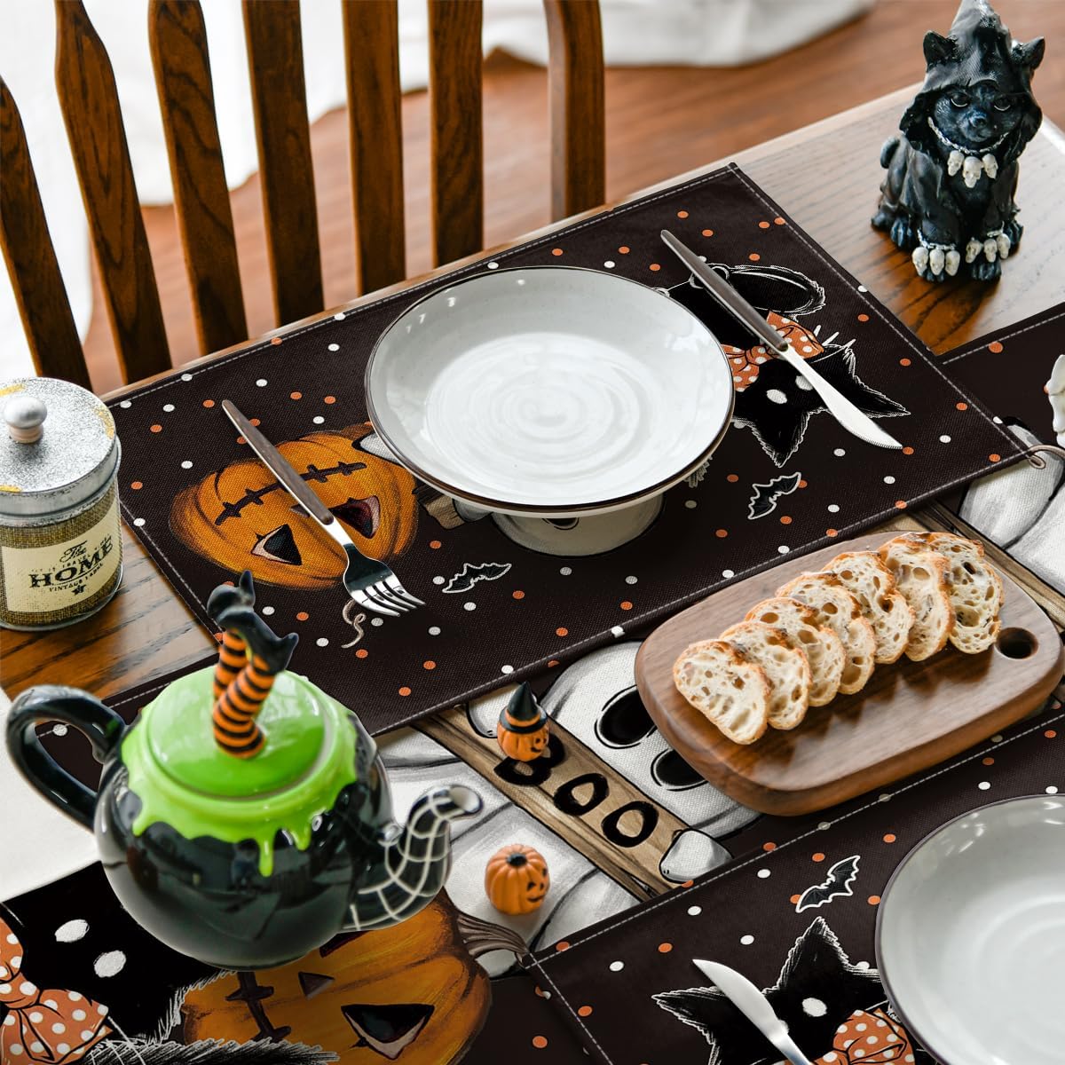 Artoid Mode Polka Dot Ghost Pumpkin Cat Boo Halloween Placemats Set of 2, 12x18 Inch Seasonal Fall Table Mats for Party Kitchen Dining Decoration