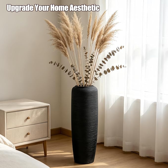 Large Rustic Ceramic Black Vase,23.6 Inch Tall Pottery Farmhouse Decor Floor Vase Vintage Flower Vases for Home Living Room Entryway Table Centerpiece Decor,Terracotta Vases,Wedding Gift