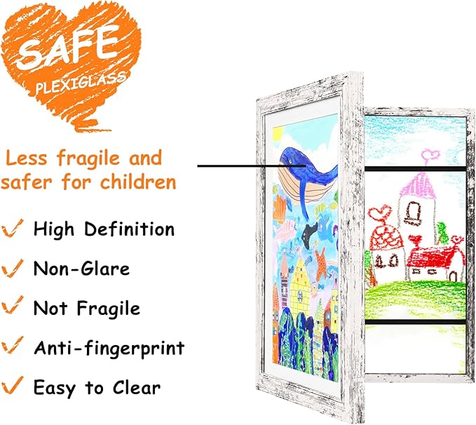 KINLINK 8.5x11 Kids Art Frame Set of 2, Solid Wood Kids Artwork Frames Changeable with Front Opening Hold 150 Pictures, Art Frames for Kids Art with Mat，without Mat 8.5x11 Picture Frame Rustic White