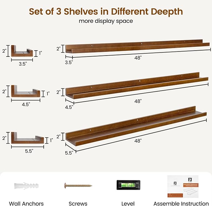 FLYJOE Picture Ledge Wall Shelves 48 Inches Width Set of 3, Solid Pine Wood Rustic Floating Ledge for Kids' Room Bedroom Kitchen Bathroom, Long Floating Shelves for Wall Decor, Walnut