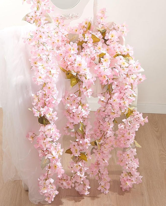 PONKING Flower Garland, Artificial Hydrangea Vine Flowers, Hanging Fake Hydrangeas Vine for Room Anniversary Wedding Birthday Christmas Wall Arch Decor, 2 Pcs, Floral Garland, Light Pink Flower