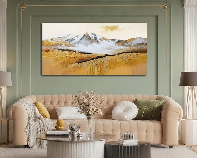Arjun Textured Mountain Landscape Canvas Wall Art Large 48"x24"- Gold Peak & Misty Valley Painting, Golden Drip Artwork Framed Picture Prints for Living Room Bedroom Home Office Wall Decor