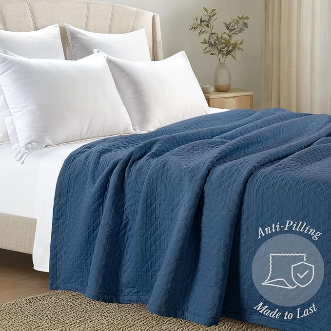 Threadmill Luxury Cotton Blankets for Queen Size Bed | All-Season 100% Cotton Queen Size Blanket | Criss Cross Cozy Lightweight, Soft Breathable Coverlet fits Full Size Bed, 90x92 | Folkstone Blue