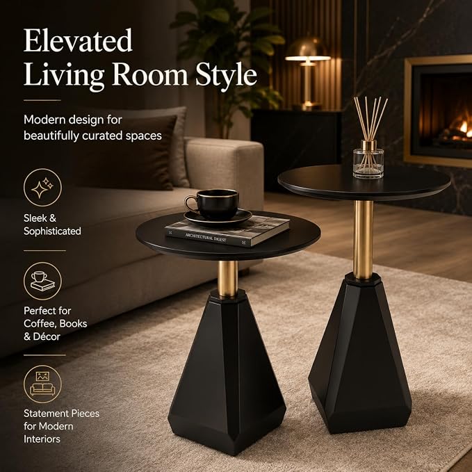 Round Wood Side Table, Set of 2, Coffee Nightstand Cocktail Drink Modern Accent Circle End Table, Wood Pedestal Base for Living Room, Bedroom, Small Spaces, Offices, Black