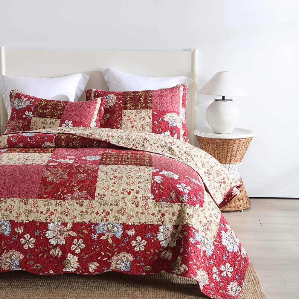 Cotton Bedspread Quilt Bedding Sets 3 Pieces Reversible Coverlet Sets Comforters Vintage Floral Patchwork Purple Red Bedspread, King Size