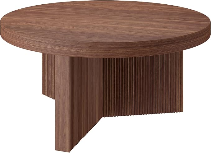 Henn&Hart 32" Fluted Round Low-Profile Coffee Table with Ribbed Pedestal Base Living Room, Family Room, Office, or Apartment, Medium Walnut