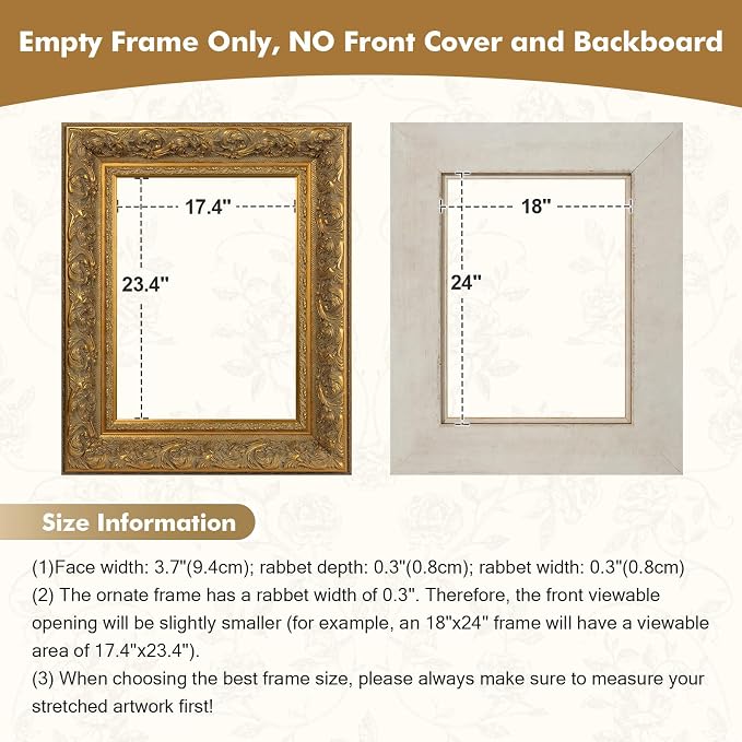 DIY Solid Wood Ornate Frame for 24x36 Elizabeth Paintings, 3.7" Wide Traditional Canvas Frame for Art Lover Housewarming Birthday Wedding Grandparents Teacher Gift, No Glass & Back (Gold)