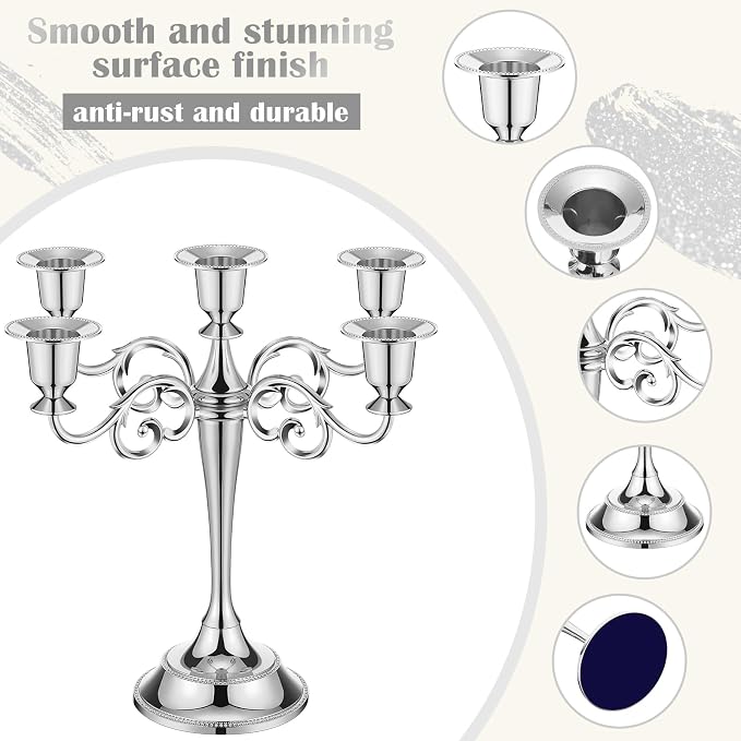 Dandat 3 Pcs 5 Arm Metal Candelabra 10.24 Inch Tall Candlestick Holders Gothic Candle Holder for Home Wedding Church Halloween Theme Party Table Centerpieces(Sliver)