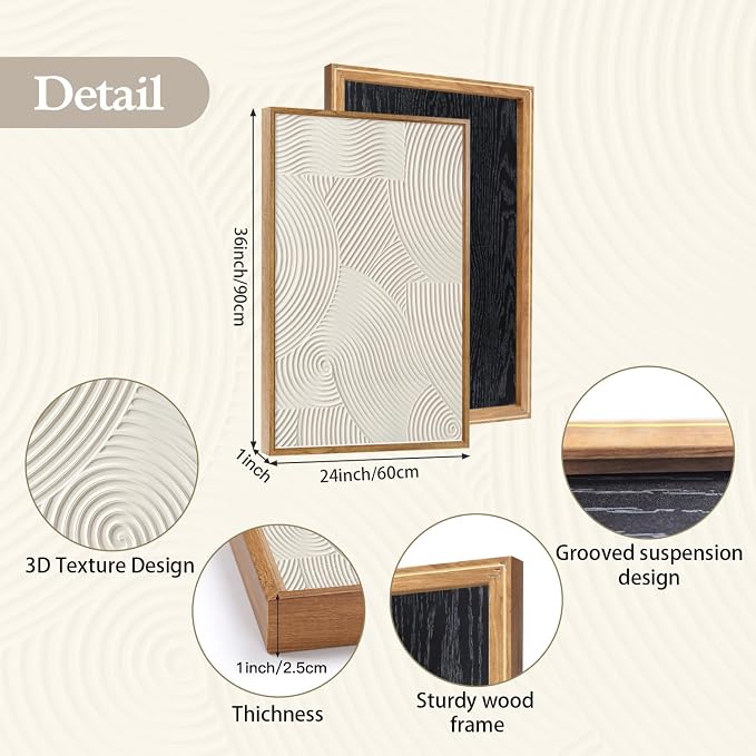 CHDITB 3D Textured Framed Canvas Wall Art Set, Black White Geometric Abstract Curve Impasto Minimalist Wall Decor, Modern Relief Art Prints for Living Room Hallway Bedroom Home Wall Decor 24"x36"x3